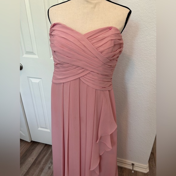 David’s Bridal Strapless Pink Crinkle Chiffon Bridesmaid Dress with Cascade - Picture 3 of 9